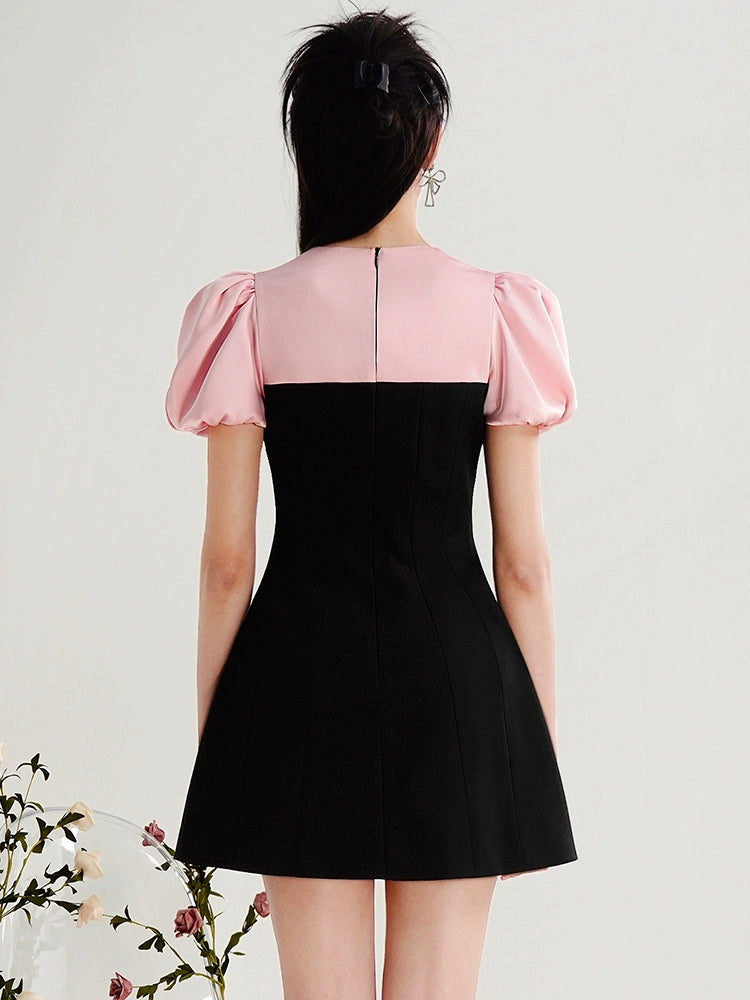 CHECOCRE Elegant Contrasting Design Fashion Puff Sleeves Neck Slim Black Dress- DARK