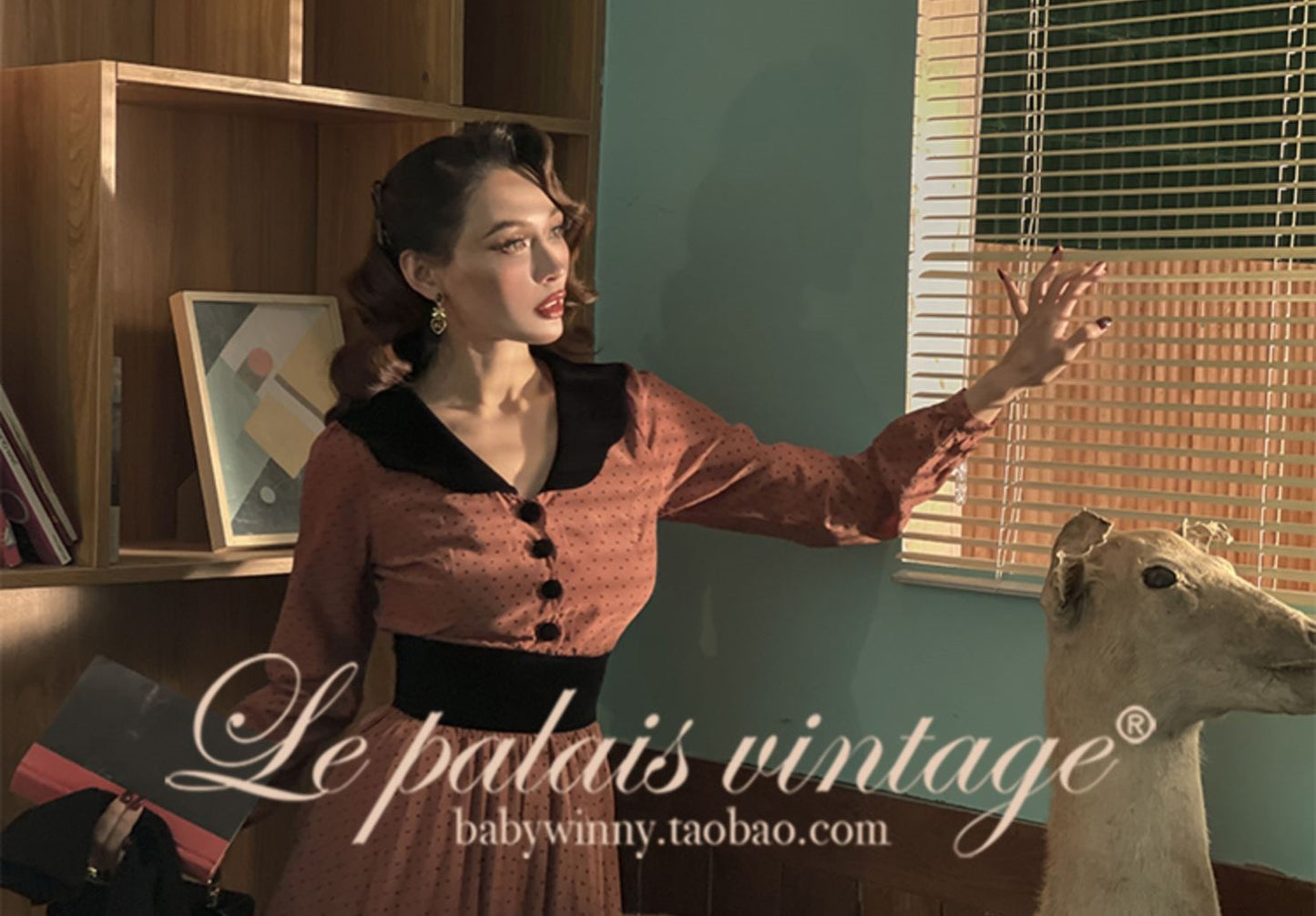 Le Palais Vintage Luxury Caramel Polka Dot Waist Pleated Dinner Dress-June.