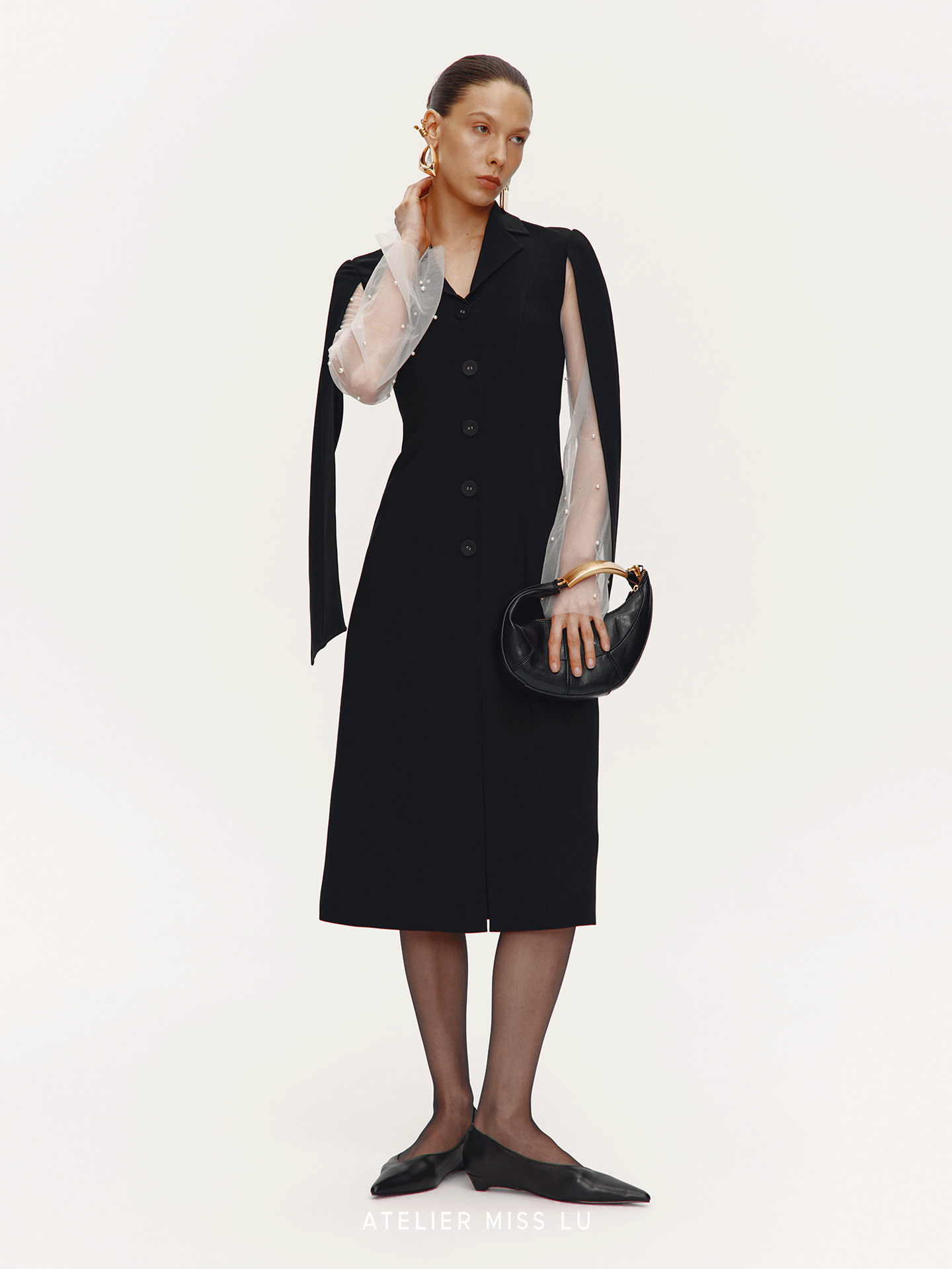 ATELIER MISS LU Pearl Embellished Gauze Sleeve Suit Dress - CONQUER.