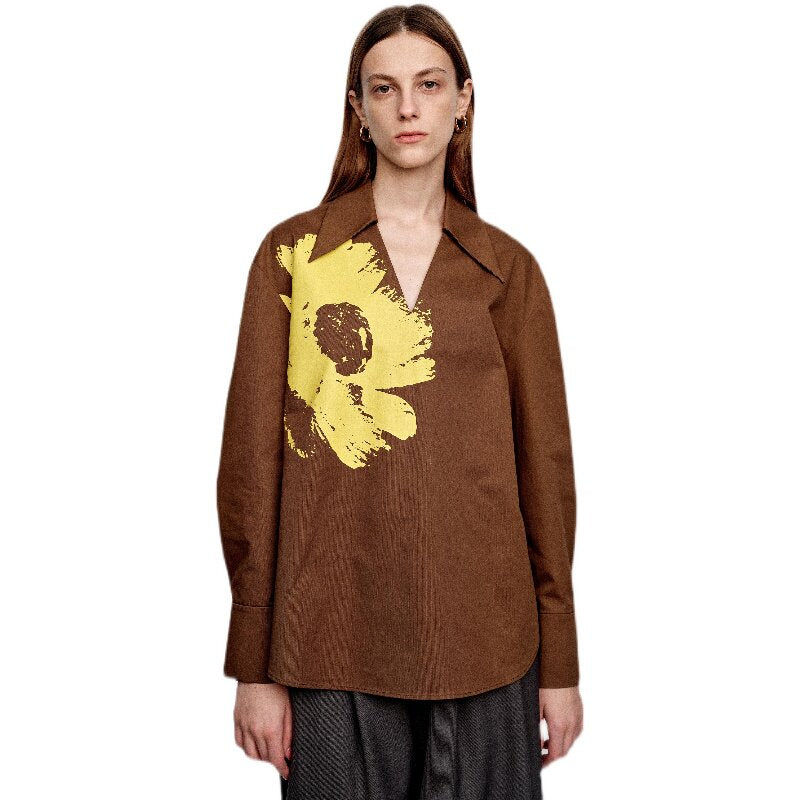 SERRER bright yellow daisy print brown pullover V-neck shirt - ISAIAH.