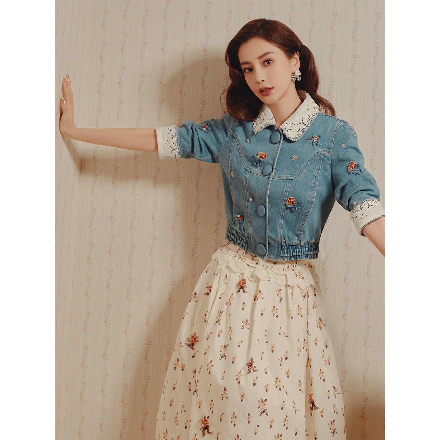 FAME embroidered collar beads bow denim jacket - ETHAN