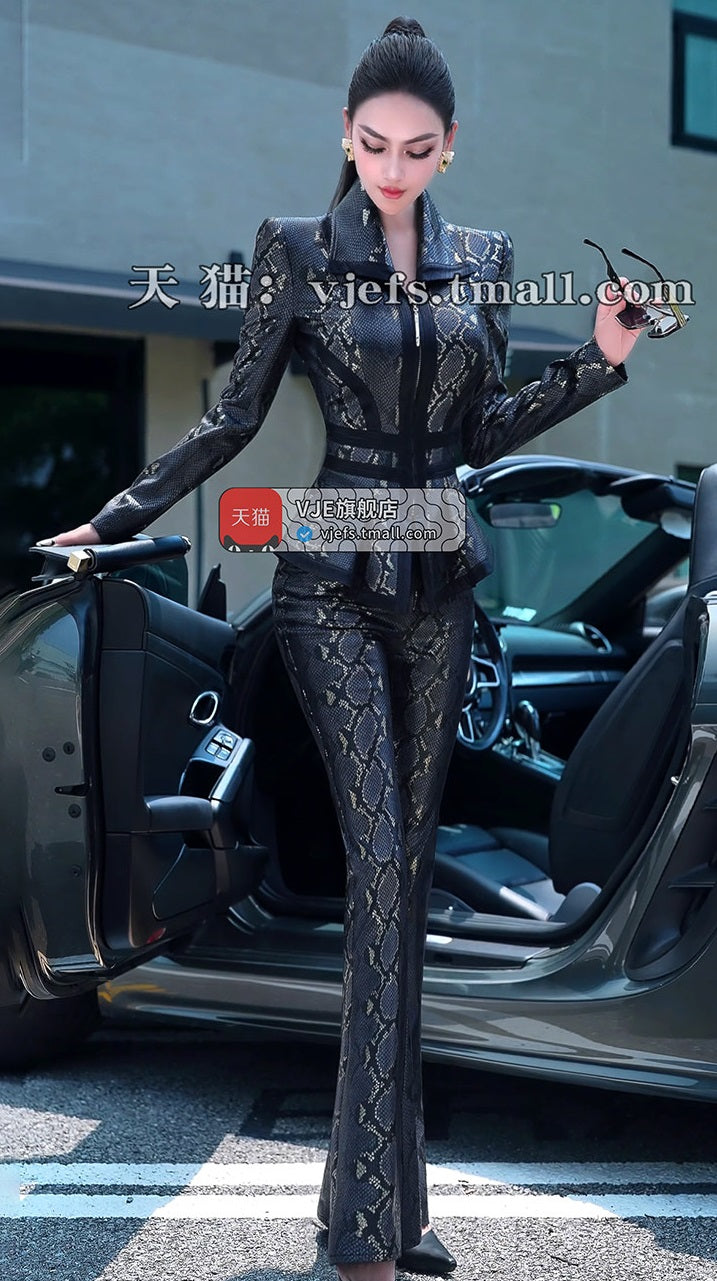 VJE Snake Print Jacket High-Waisted Micro Flared Pants Two-Piece Set-LILO.