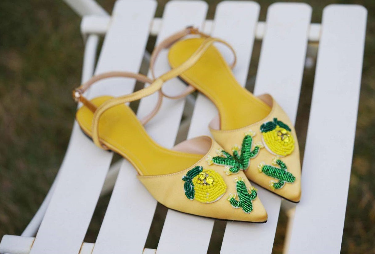 B-FEI Yellow Pointed Toe Embossed Flat Women's Sandals-VILIA.