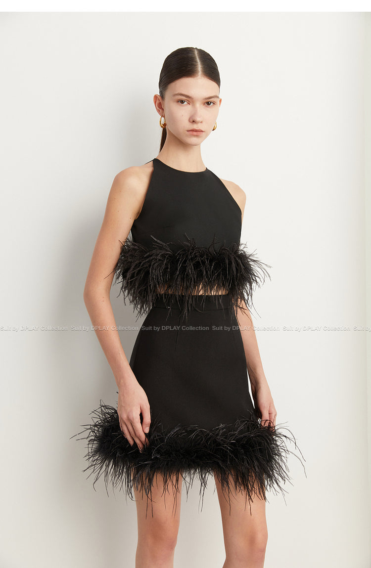 Fall Autum Classic Black Feather Spliced Top Vest and skirt - Ikees