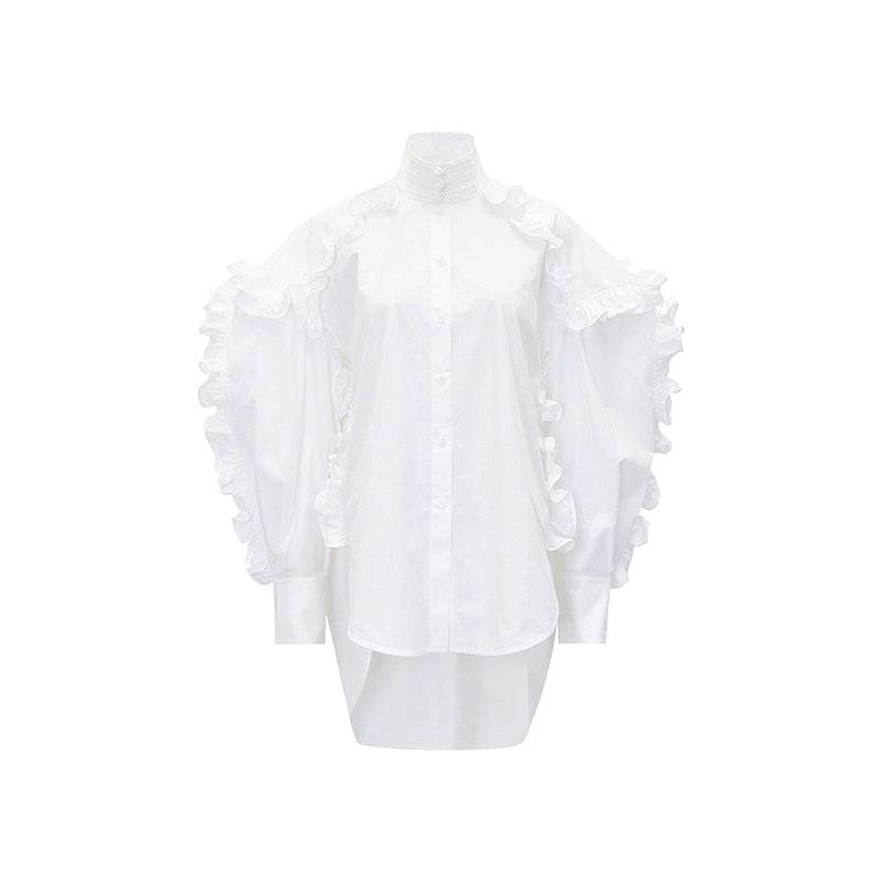 M essential Mackay designer white cotton three-dimensional ruffle trim shirt - Tori.