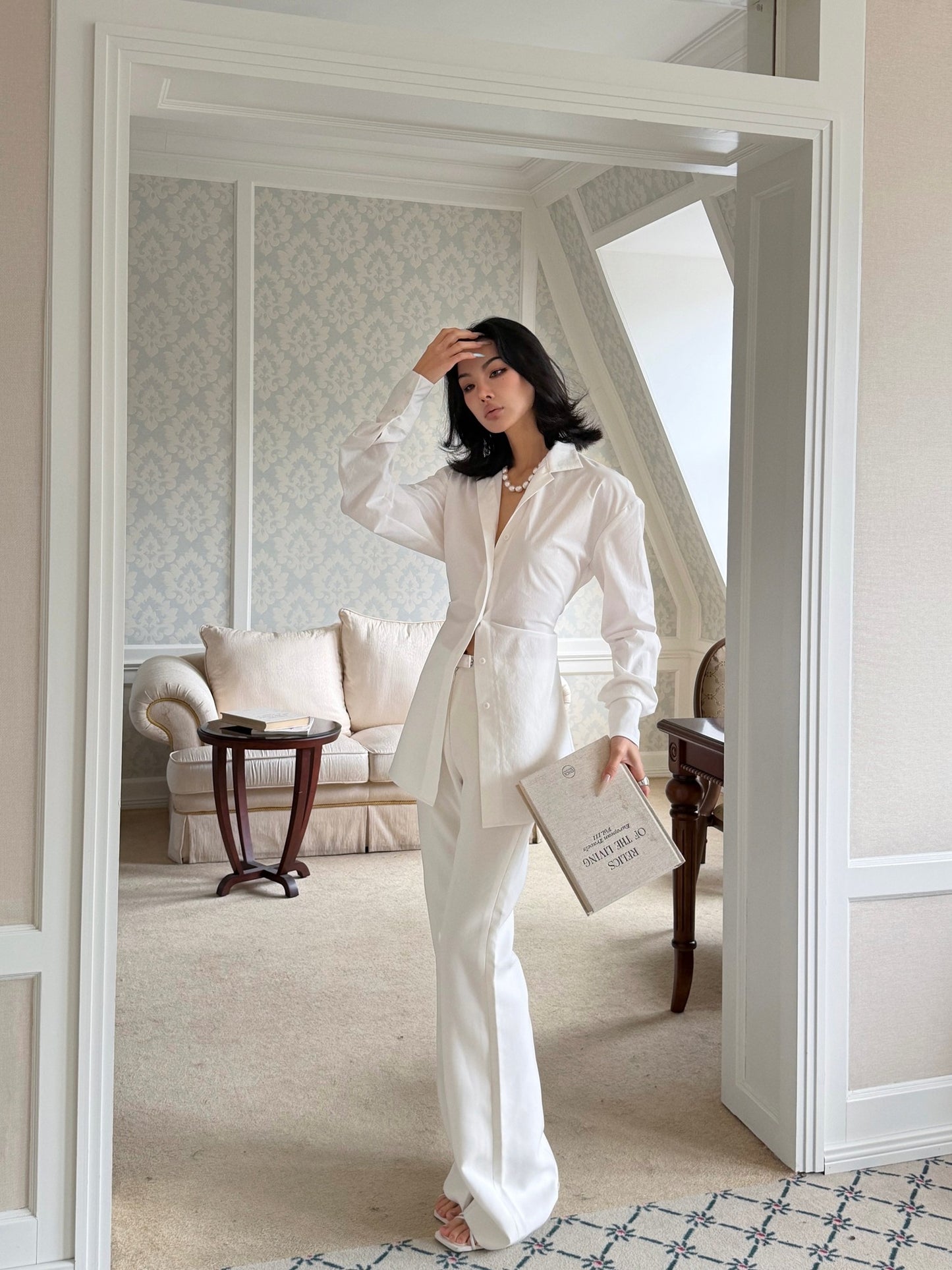 MEI SANGUAN White Slim Shirt & Bootcut Slacks Suit - AISHA
