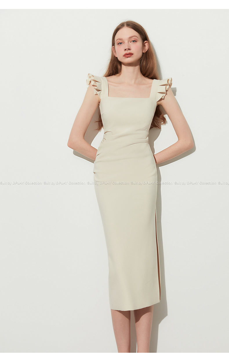 Elegant Pinch Pleated Side Slit Slim Stretch Fly Sleeve Dress - Minie