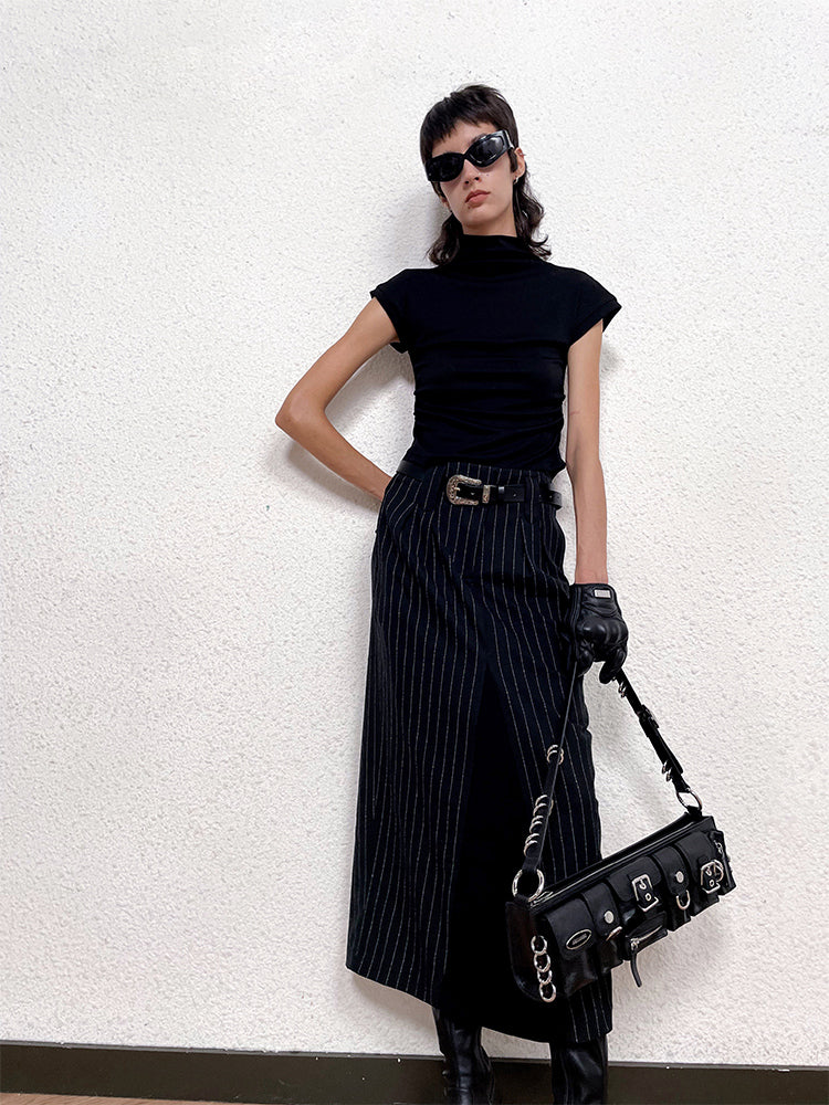 ANNAKIKI Black and White Striped Vintage Belt Trim Striped Skirt-RAVY