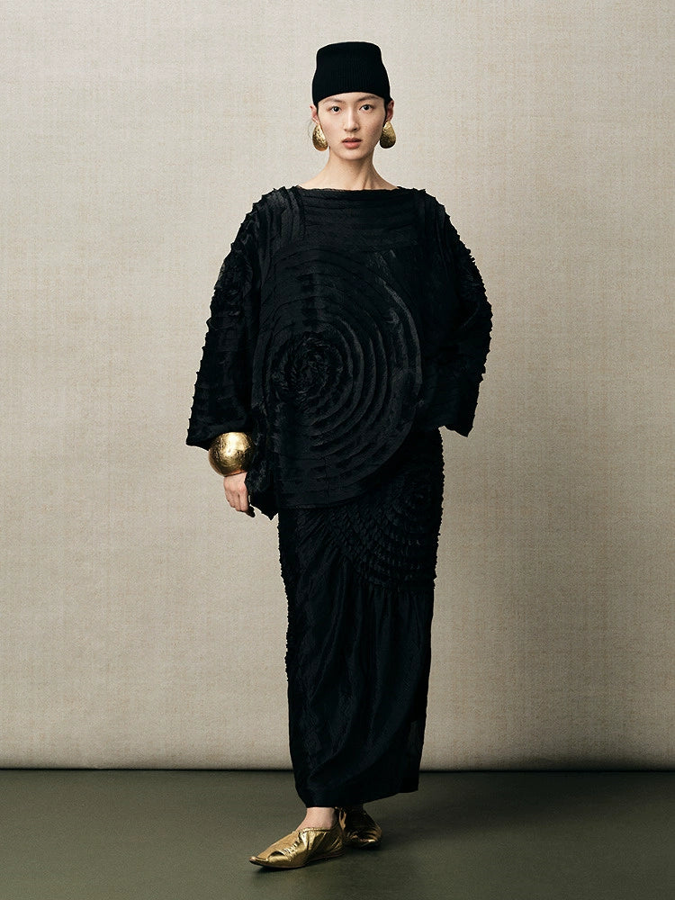 ZHUCHONGYUN oriental black round spiral pleated long slit straight skirt--HUNTER.