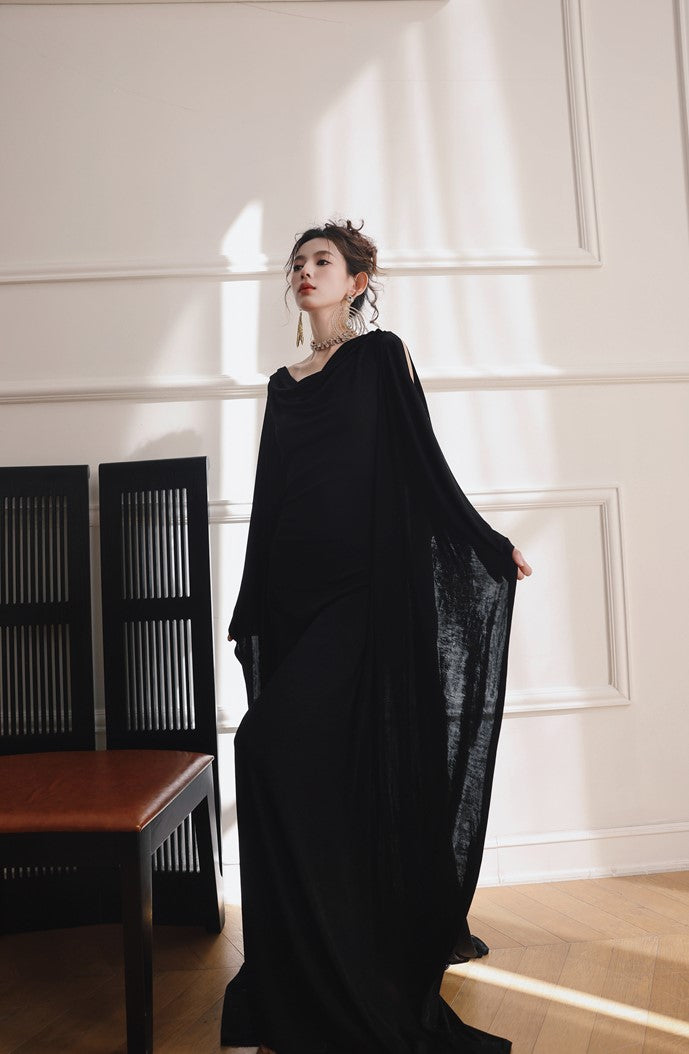 DOLLY Elegant Black Swing Collar Sleeveless Open Back Drape Dress-Kaka (V)