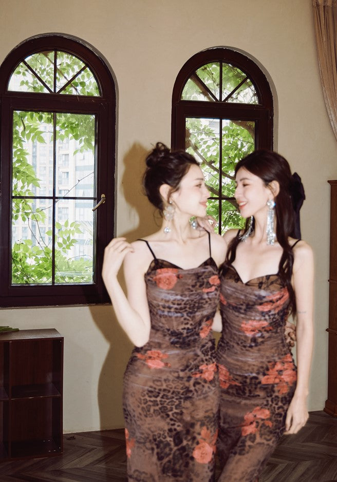 DOLLY High End Retro Printed Lace Stitch Pleated Slim Fit Sexy Party Dress-ELECTRA