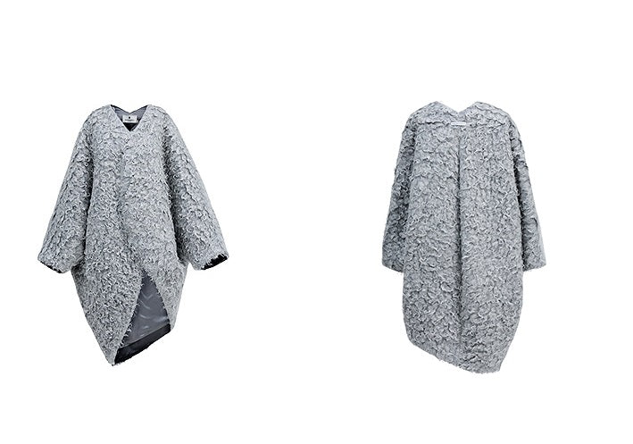 ZHUCHONGYUN curly textured wool loose midi curved cardigan jacket--MOJO.