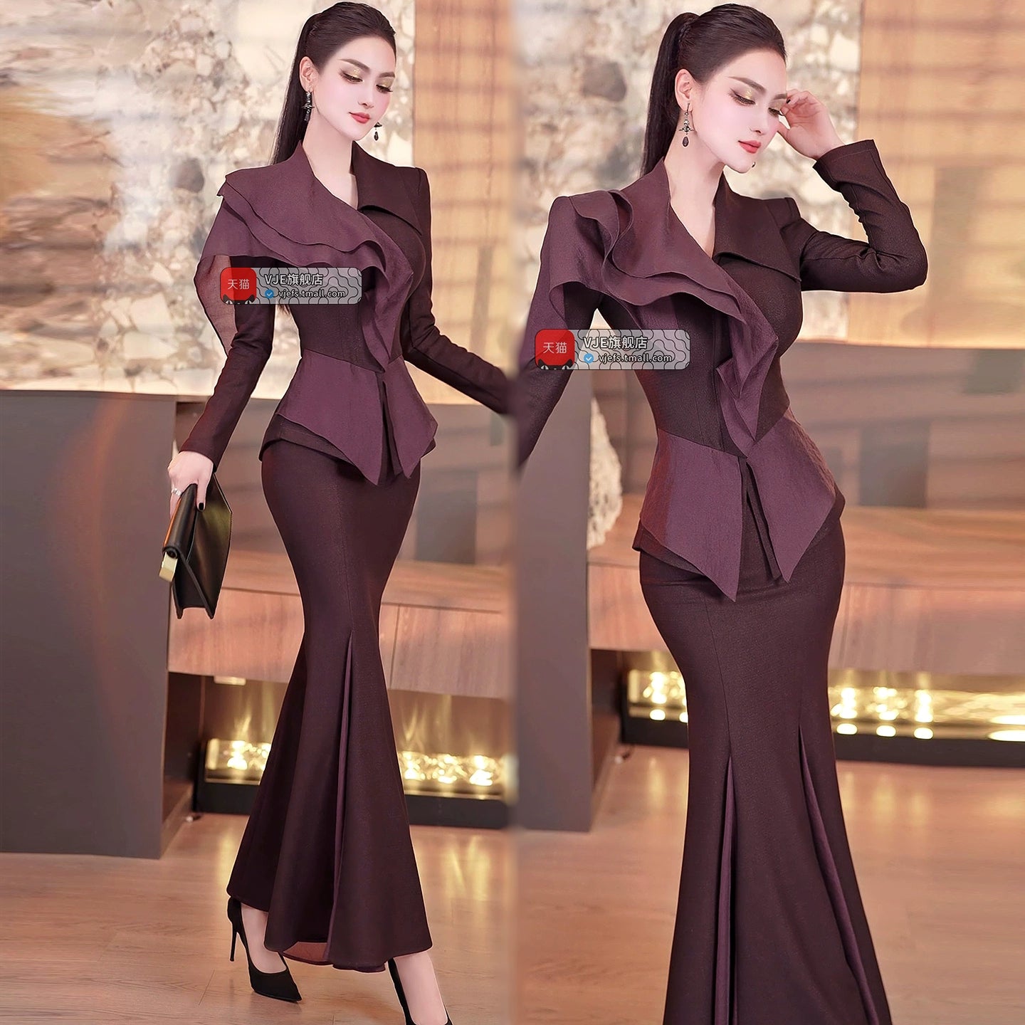 VJE slim ruffled jacket mermaid skirt two-piece suit set- JOKY.