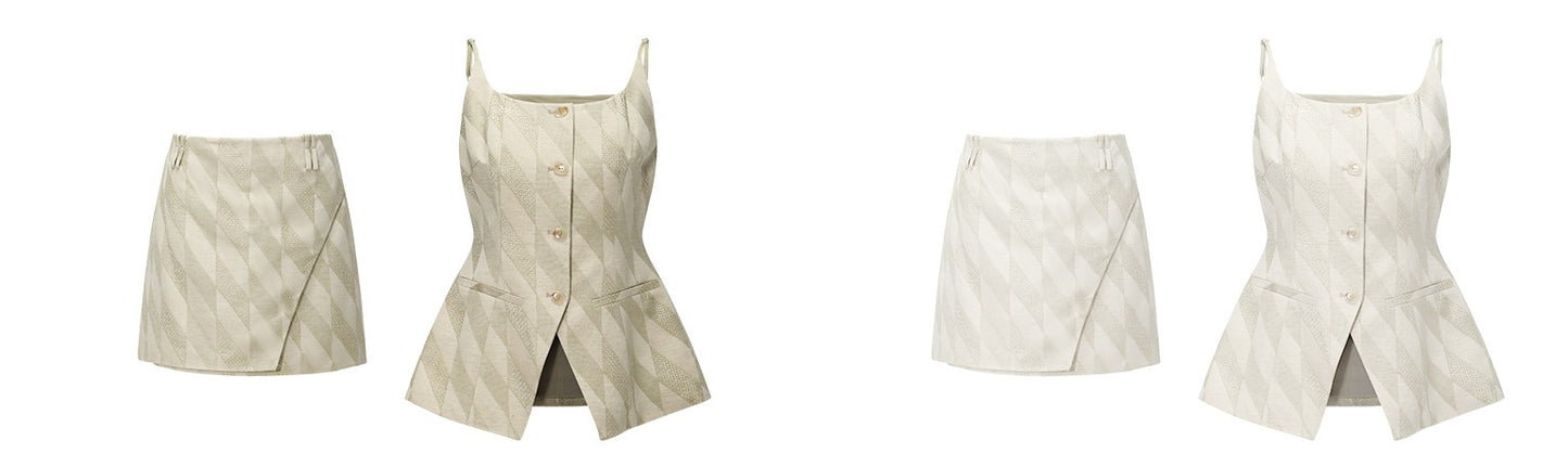 WANGXO | Oxygen-Induced Linen with Rhombic Texture Waist-Cinched U-Neck Camisole Vest & Tie Skirt Set -NOLA