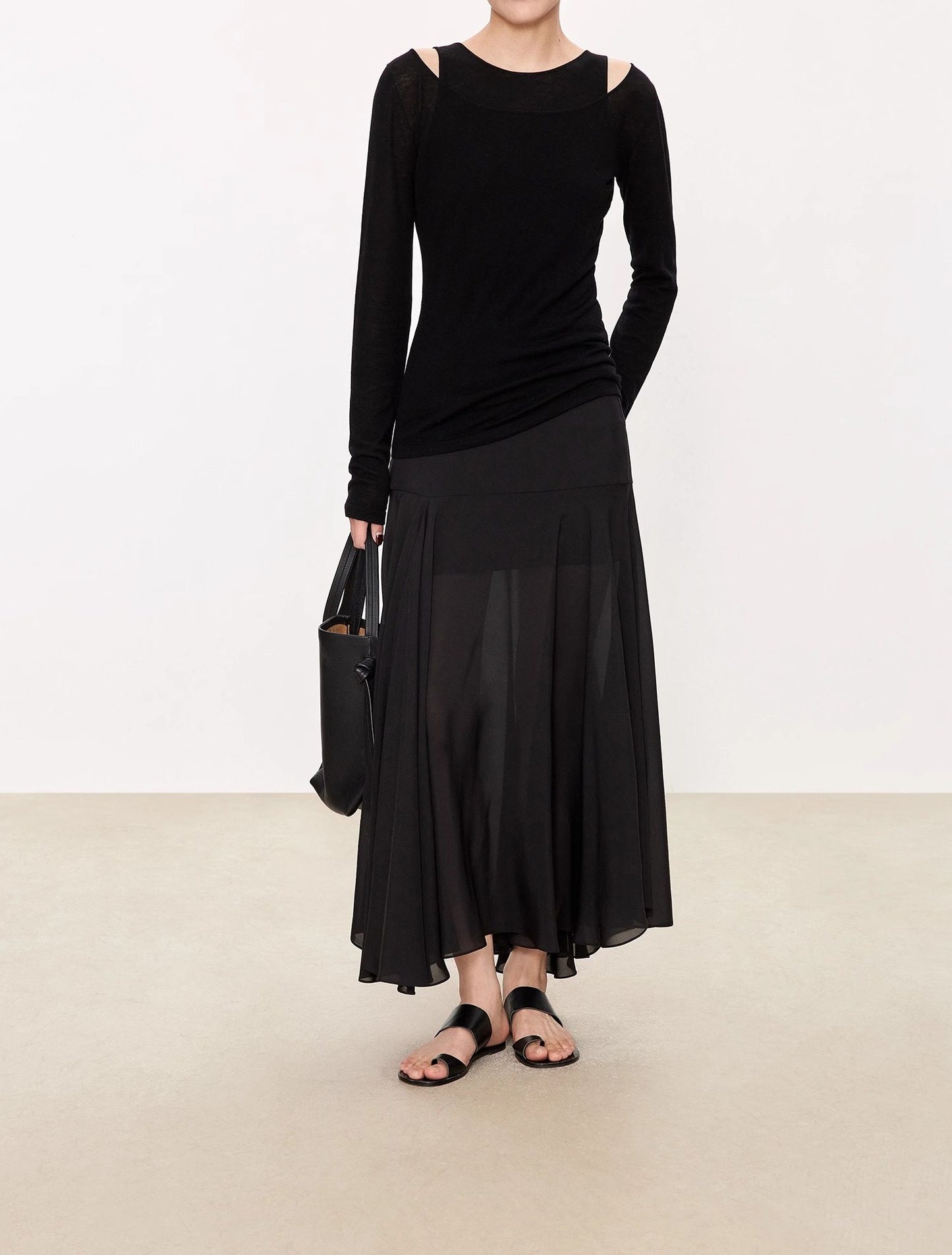 NOTHING WRITTEN crepe de chine + chiffon silk double-layered 2 pieces stitching irregular skirt-NORA.
