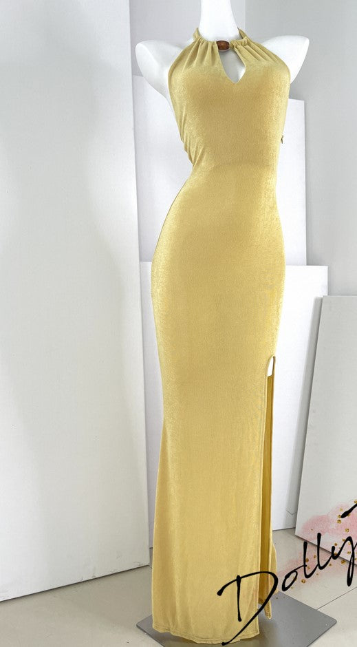 DOLLY High End Yellow Halter Neck Backless Body Hug Sexy Long Party Dress-LOTUS