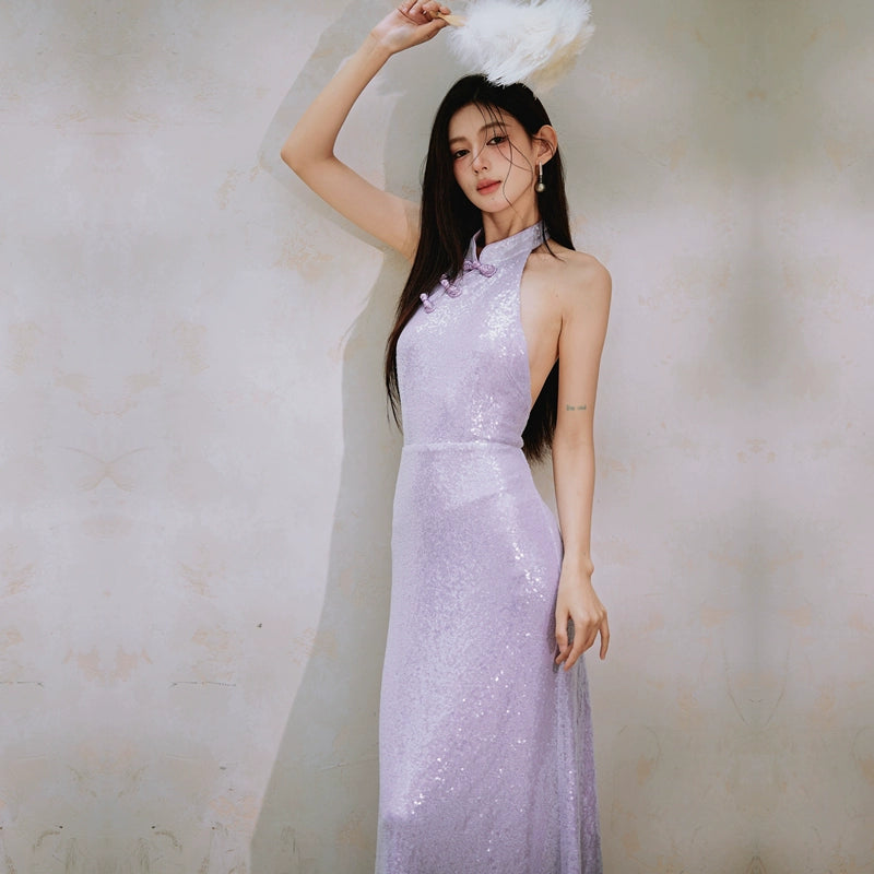 DOLLY Purple Chinese Style Hater Neck Button Sequin Long Wedding Guest Dress-Mama S / Purple DOLLY Purple Chinese Style Hater Neck Button Sequin Long Wedding Guest Dress-Mama S / Purple