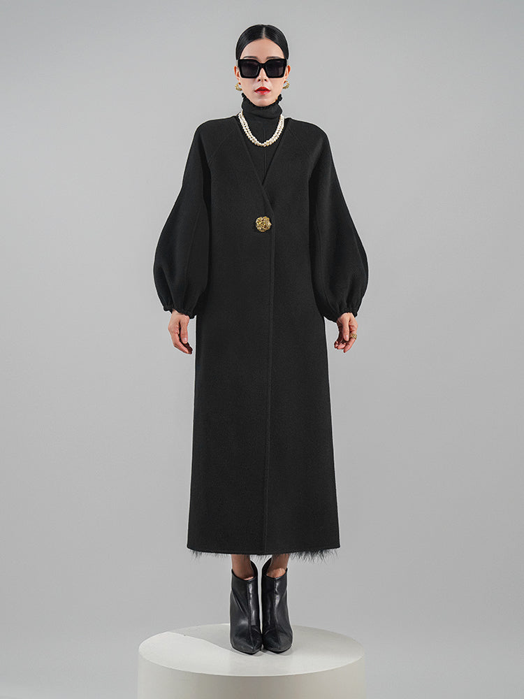 Huanzi designer double-sided cashmere coat mid-length contrast autumn  winter wool coat - Time