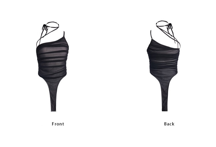 TINY IN Contrast double mesh ruffled suspender black bodysuit-UNIX