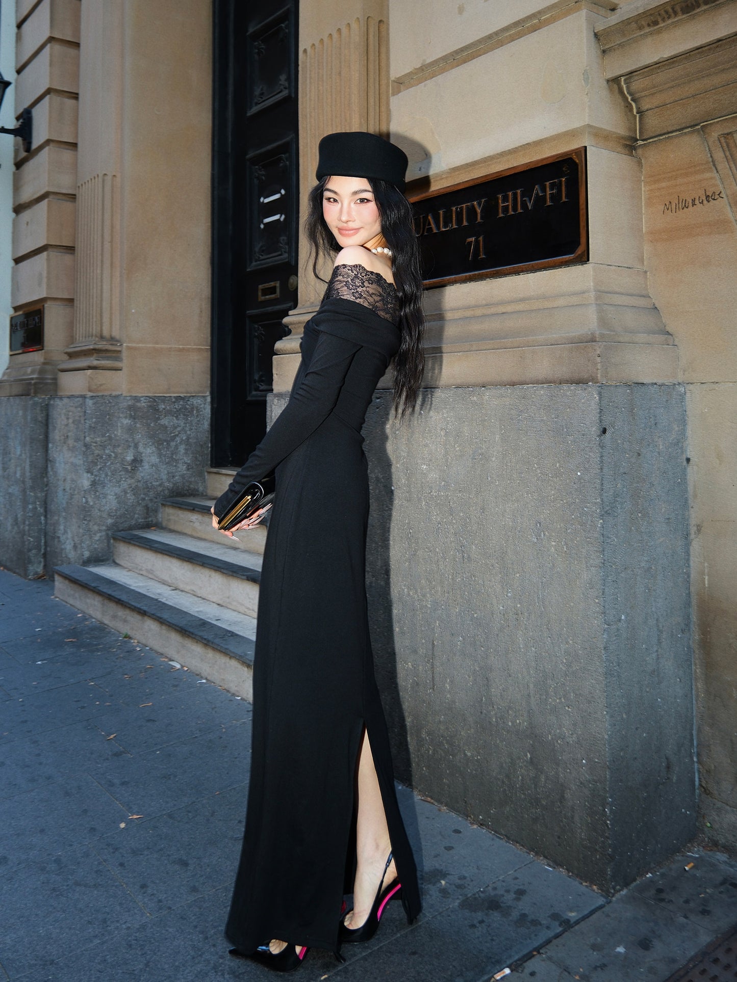 MEI SANGUAN Black V-Neck Stretch Lace Maxi Dress - GABRIEL