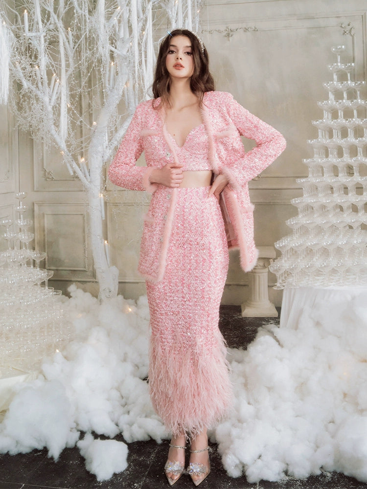 Wardrobes by Chen Luxury Pink Long Sleeve Sequin Jacket/Long Feather Skirt-Keys