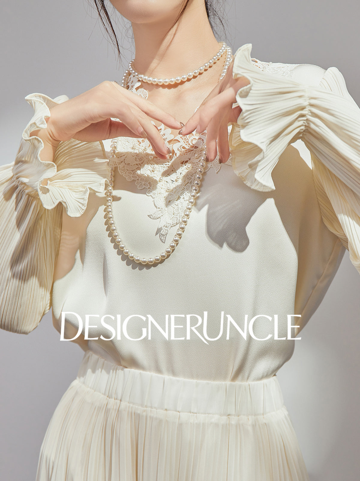 DGU| Beige New High-End Ruffled Lace Stitching Design Long-Sleeved Top - RUBY.