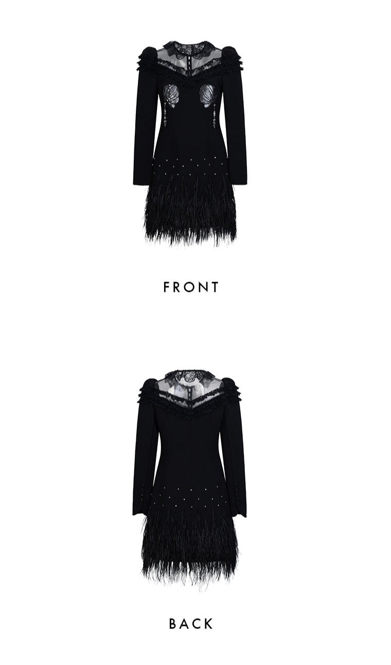 FAME Black Heavy Embroidered Feather tassle Hem Lace lbd cocktail Dress - Woiw