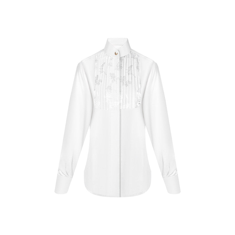 TUYUE White Jacquard Pleats Stand-up Collar Long-sleeved Shirt- JINN.