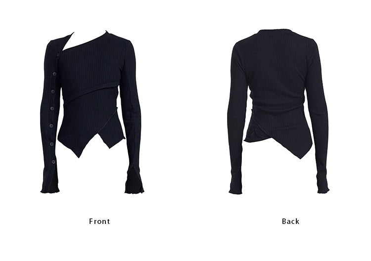 TINY IN button sleeve asymmetric knit women's black top-TAKA