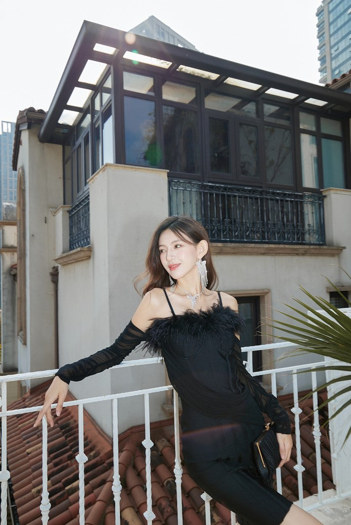 DOLLY Elegant Black Sleeveless Feather Off Shoulder Long Sleeve Party Dress-CHRIS