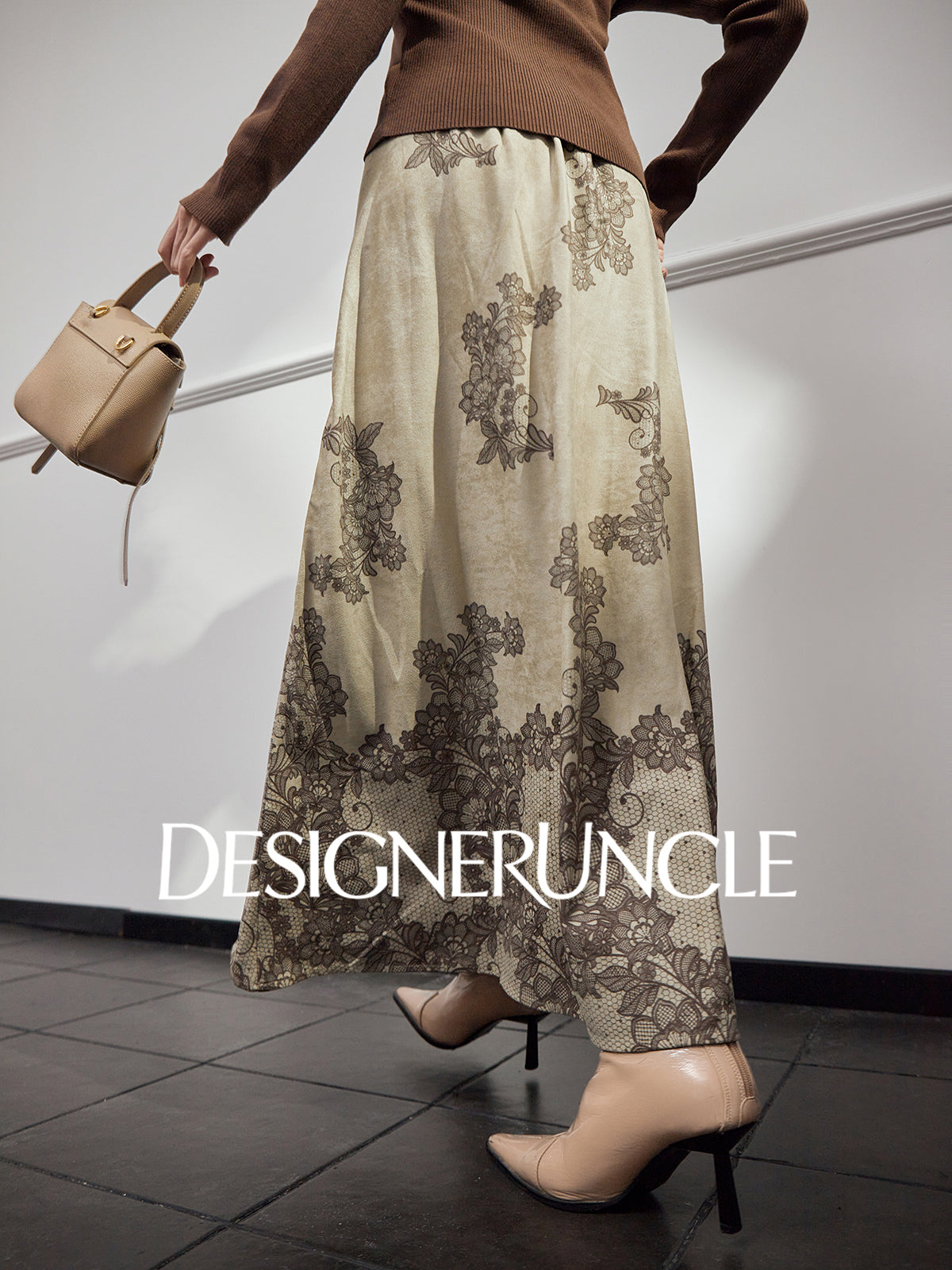 DGU "Mo Man" khaki green autumn new retro print high-waisted design skirt - MANE.