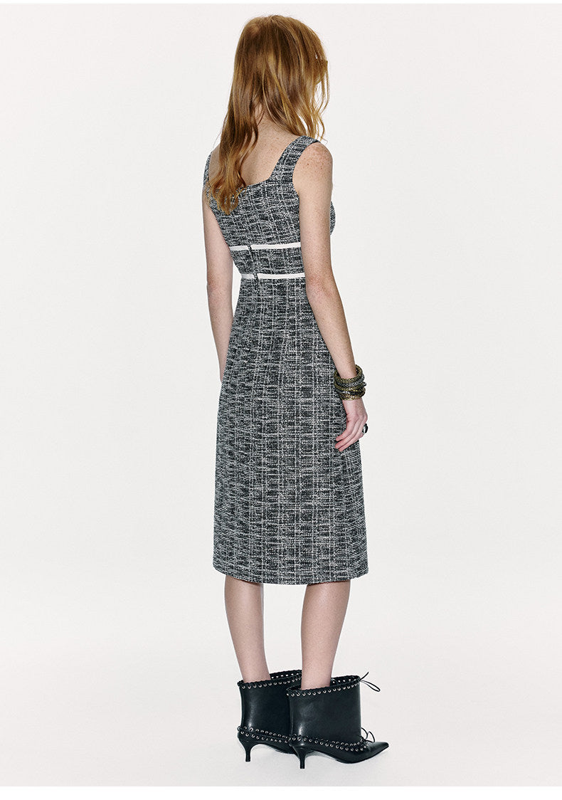 ATELIER MISS LU Contrasting Stitching Small Fragrance Waist Dress - SILVER.