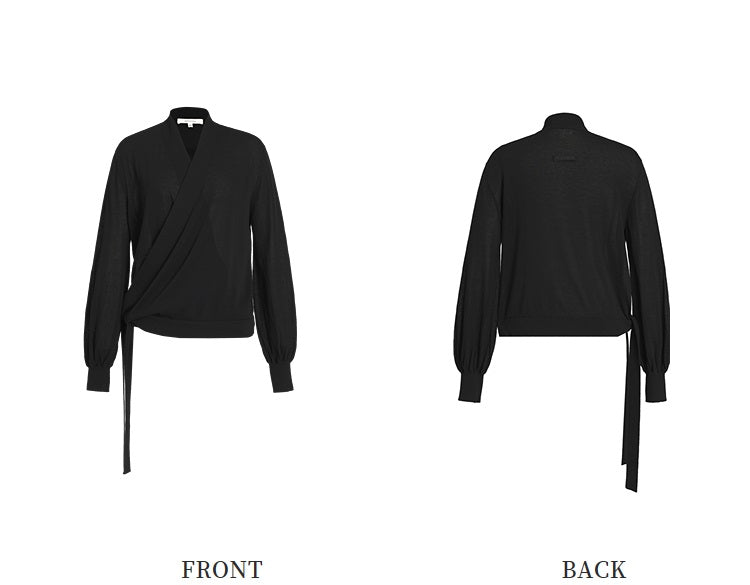 ZHUCHONGYUN black wrap-style tie waist long sleeved top-REIGN.