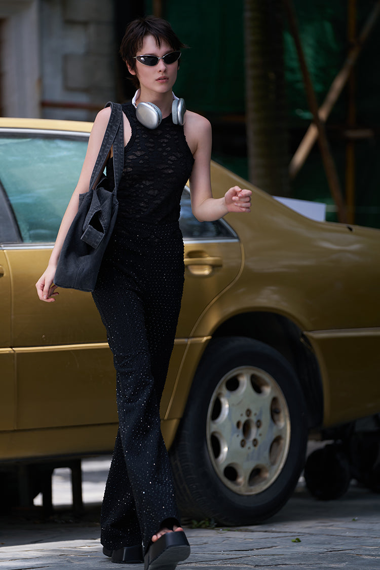 ANNAKIKI Triacetate Hollow Four-pointed Star Full Diamond Bootcut Pants-SATO