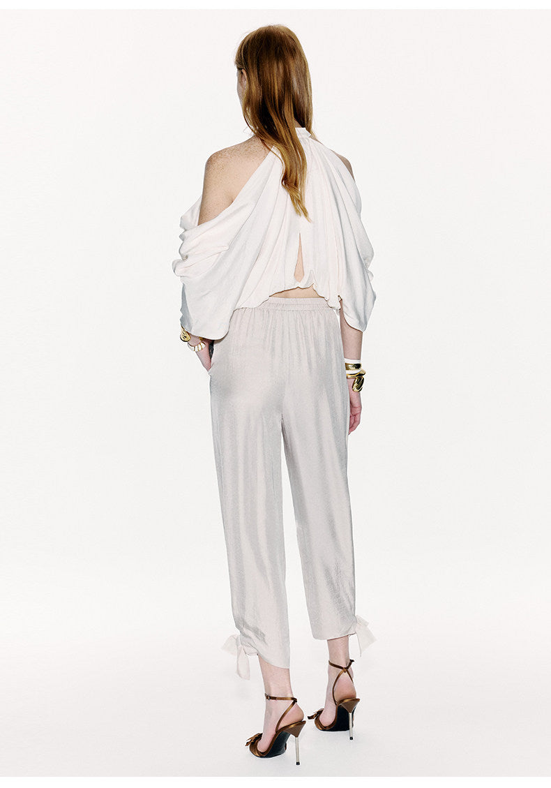 ATELIER MISS LU Bow Embellished Cinched Acetate Tapered Pants - VELVET.