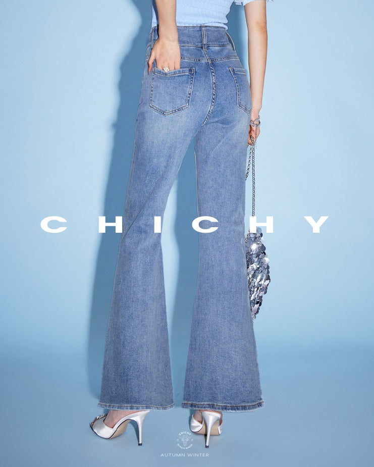 CHICHY French Ladies Blue High-Waisted Hot Diamond Slit Micro Flared Pants-MIJI