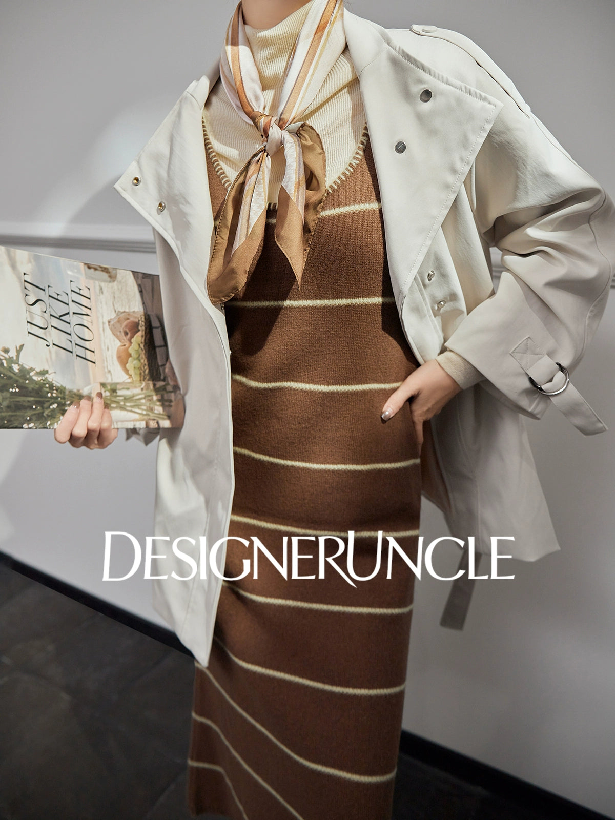 DGU "Suqi" beige trench coat loose mid-length commuter versatile slimming top - Charlotte.