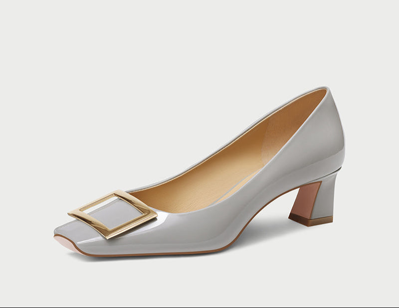 pjjuu French R white V block metal square buckle high heels - BIRTH