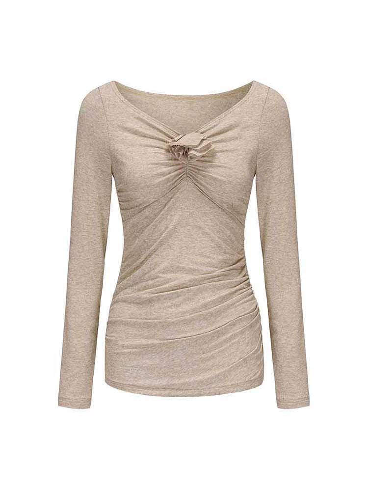ATELIER MISS LU Fall/Winter Orchid Shape Patch Ruched Stretch Top - MELODY.