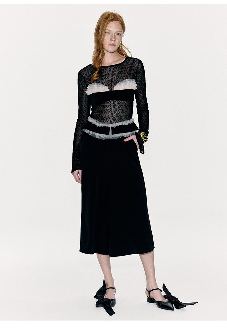 ATELIER MISS LU Waist Tulle Panel Design Wide Leg Pants - ARINA