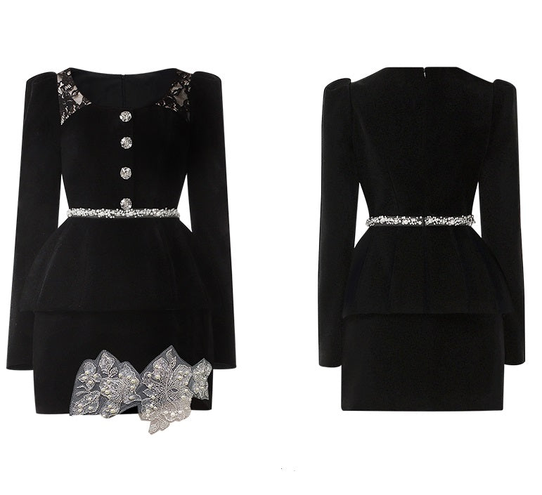 CHECOCRE Chic Black Three-dimensional Beaded Two-piece Suit Dress - KIKI