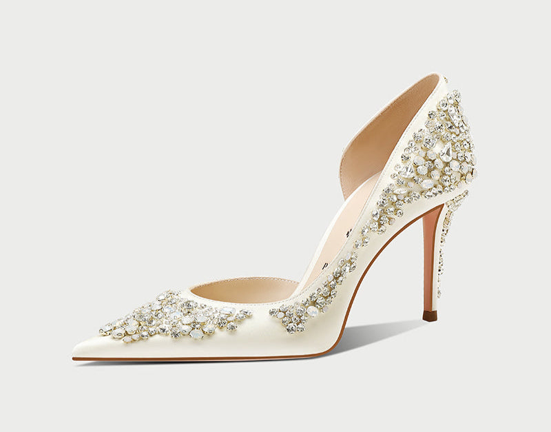 pjjuu satin rhinestone pointed toe bridal white pump stiletto heels - STOOD