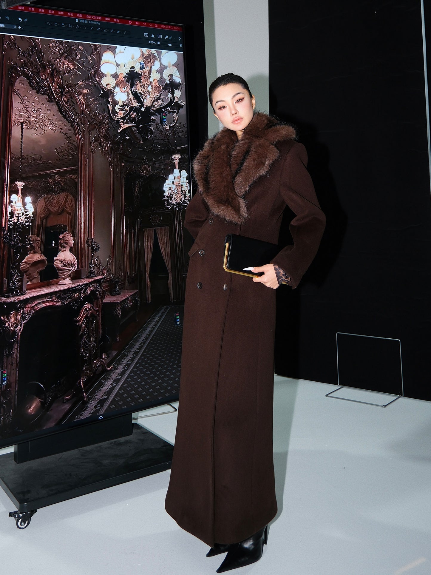 MEI SANGUAN Wool Coffee Fur Collar Jacket- GABRIELLA