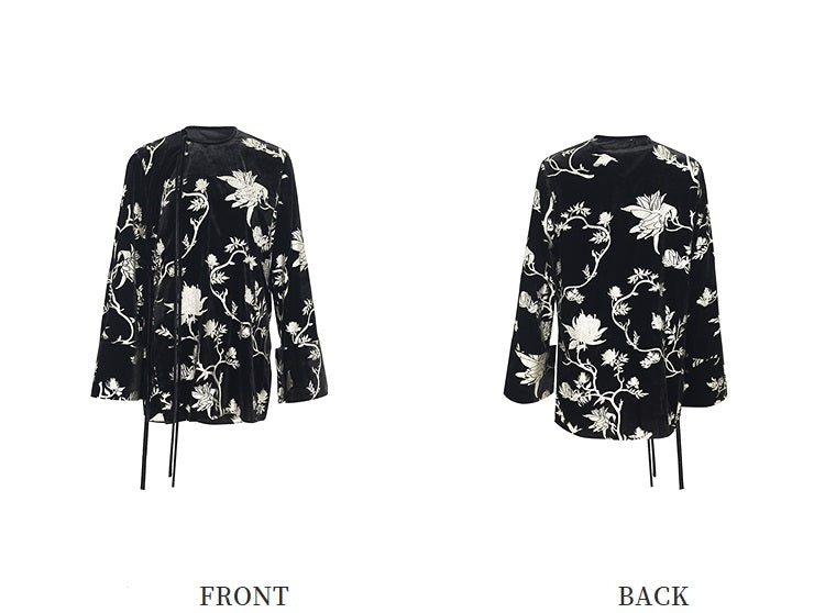 ZHUCHONGYUN black suede floral embroidery long sleeves shirt top-GILT.