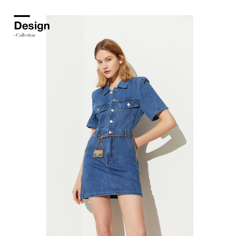 Retro padded shoulders denim short dress - Anion