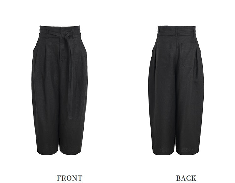 ZHUCHONGYUN Summer Black Loose Belted Linen Long Pants-HARU.