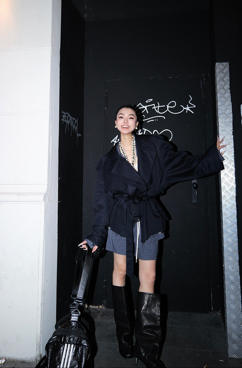 MEI SANGUAN navy blue loose lace-up trench coat - MARCELLO