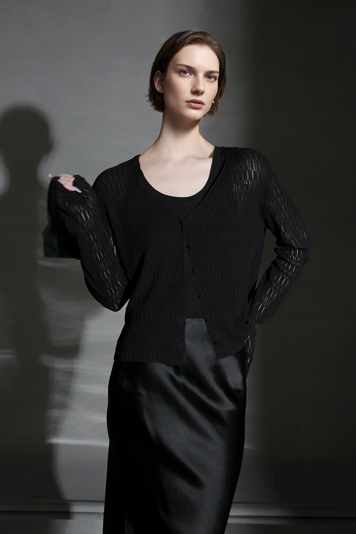 PIAOIN Tencel Linen Cool French Cutout V-Neck Cardigan Women's Slim Knit Jacket -AVA