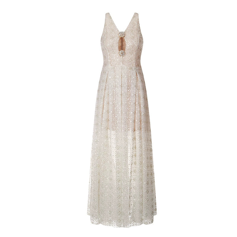 Wardrobes by Chen Elegant Cream Sleeveless Sequin Diamond Dress-KLAIRE