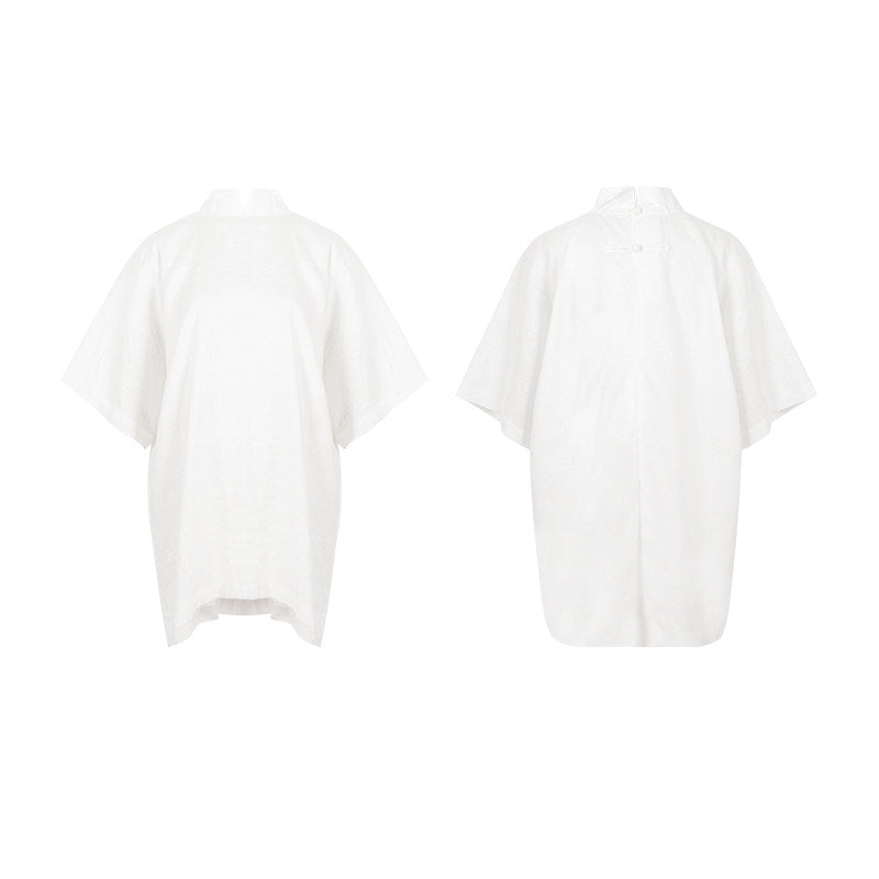 TUYUE White Linen Stand Collar Buckle Silhouette Top - RIAN.